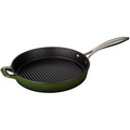 Round 12 In. Cast Iron Grill Pan with Riveted Stainless Steel Handle and Enamel Finish, Green